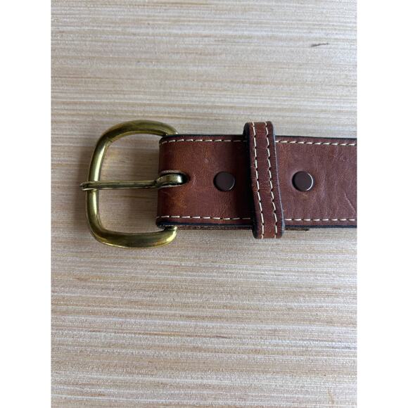 Nocona Belt Brown Leather 30 Stitching Lacing Tooled Western Brass Tone Buckle - Picture 2 of 9